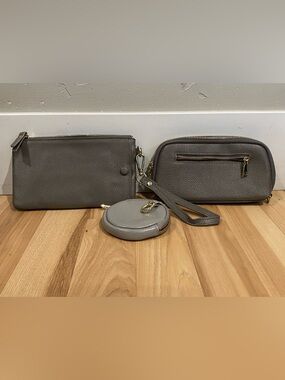 Gray Leather 3 piece Wristlet and Pouch Set.